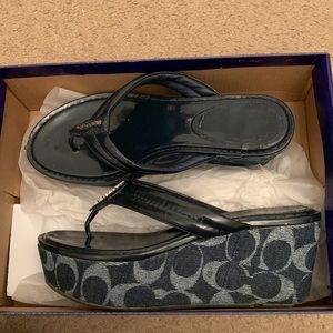 Blue COACH Women’s Wedged Leather Platform Flip Flop